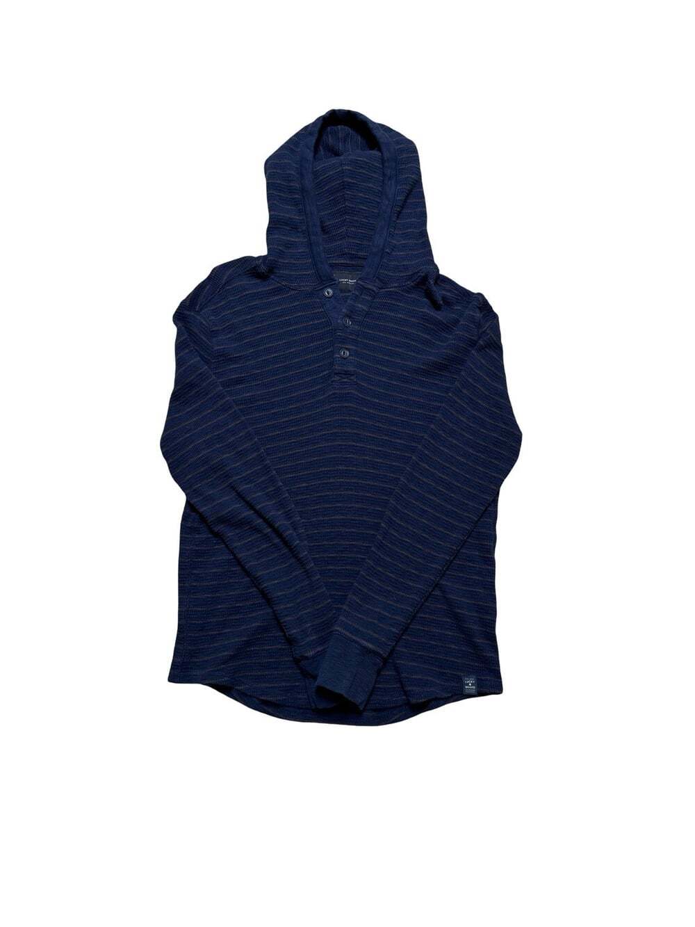 Lucky Brand Men’s Medium Hooded Henley Shirt Navy Brown Stripe 100% Cotton